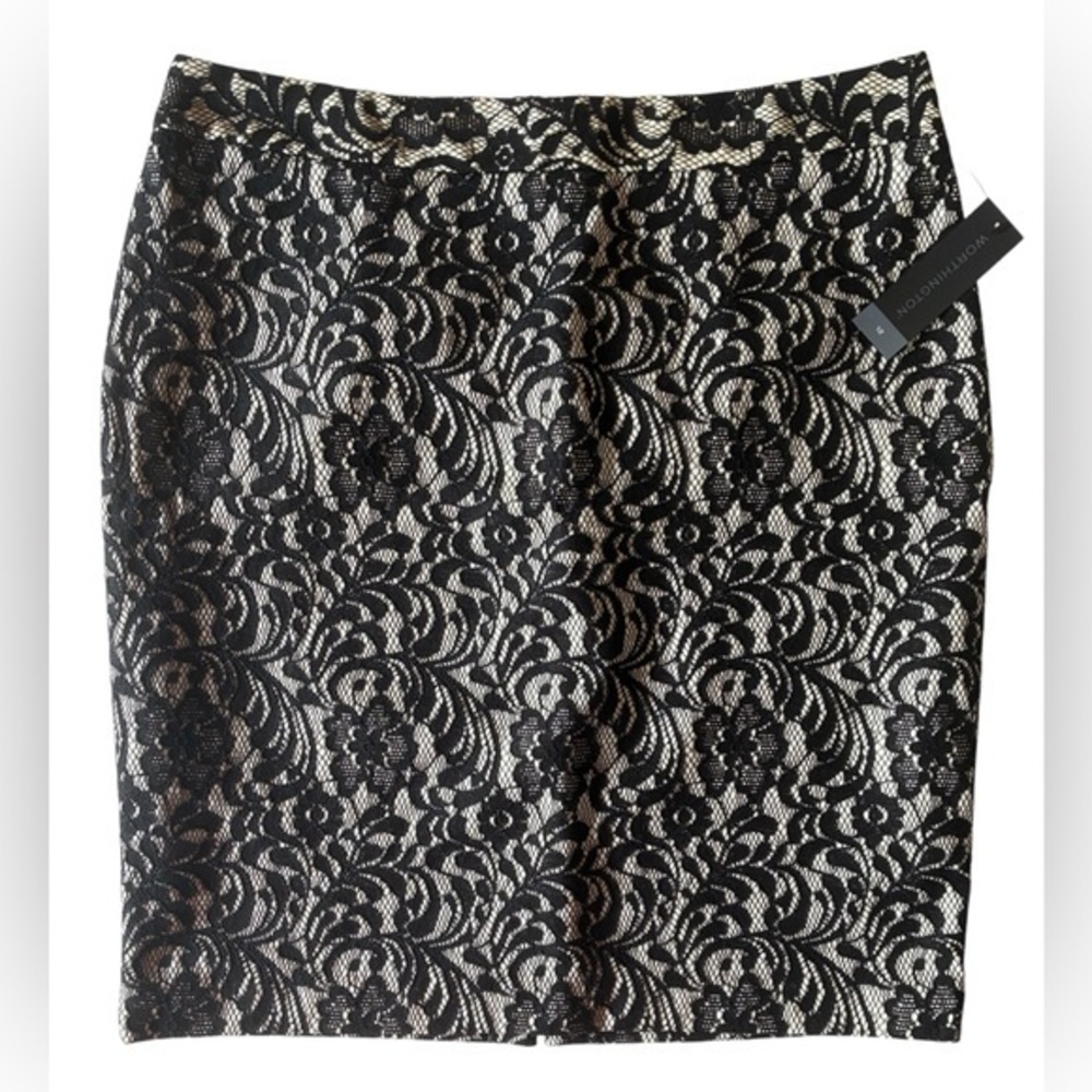 Worthington Black Lace Overlay Pencil Skirt, Size 12, Fully Lined, NWT